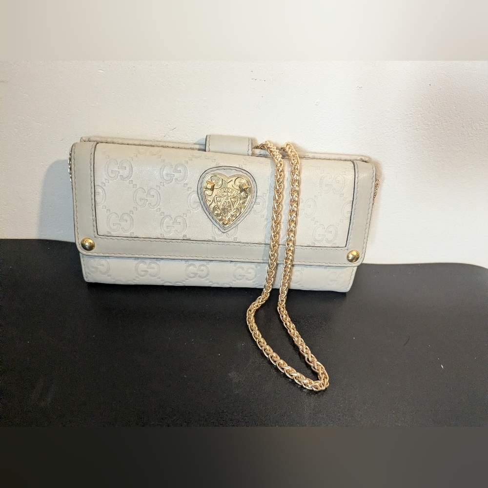 GUCCI Sima Leather Heart Gold Crest Cream Logo Embossed Zip Around Long Wallet - Picture 15 of 16